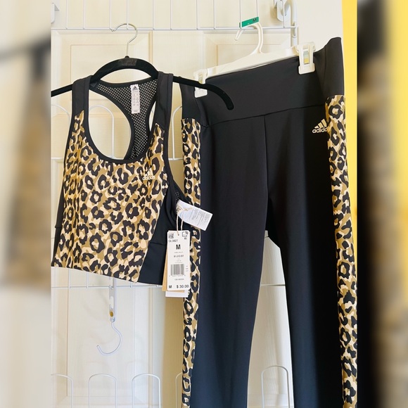 adidas Pants - Womens Adidas Leopard Hazy Beige/Black Sports Bra & Leggings Set (both Womens M)